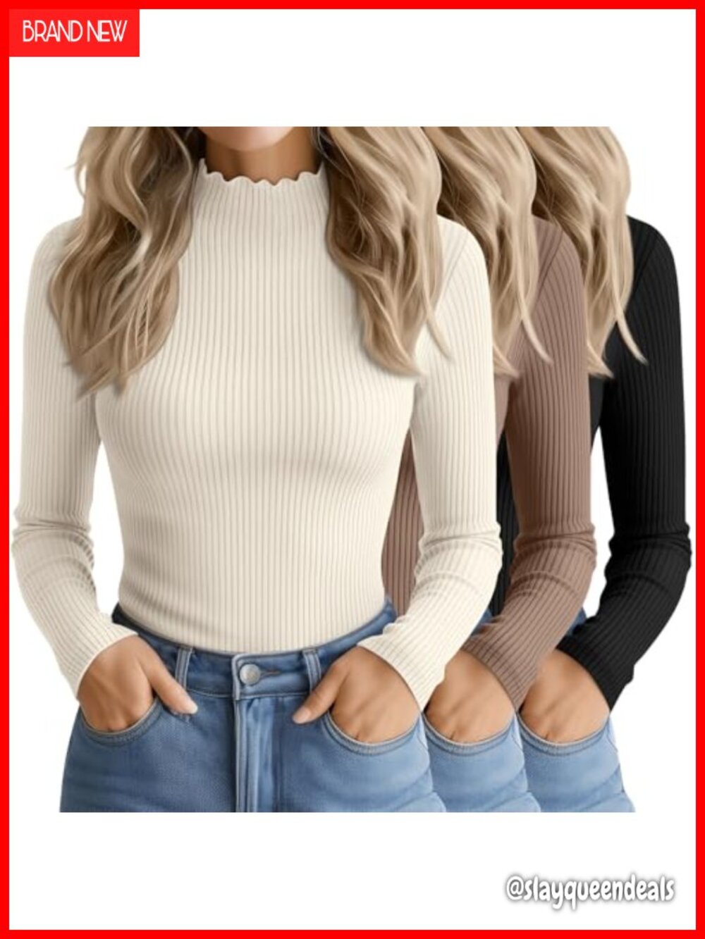Women's Cotton Mockneck Ribbed Long Sleeve Tops 3 Pack Slim Fit Layering